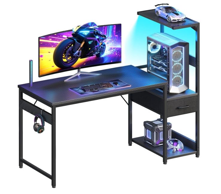 Casaottima 48'' Gaming Desk with LED Lights & CPU Stand, Carbon Fiber Black Casaottima 48'' Gaming Desk with LED Lights & CPU Stand, Carbon Fiber Black