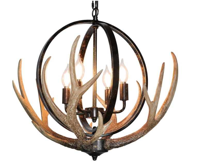 Rustic Antler Chandelier 4 Lights, 20" Farmhouse Chandelier with Resin 4 Antlers