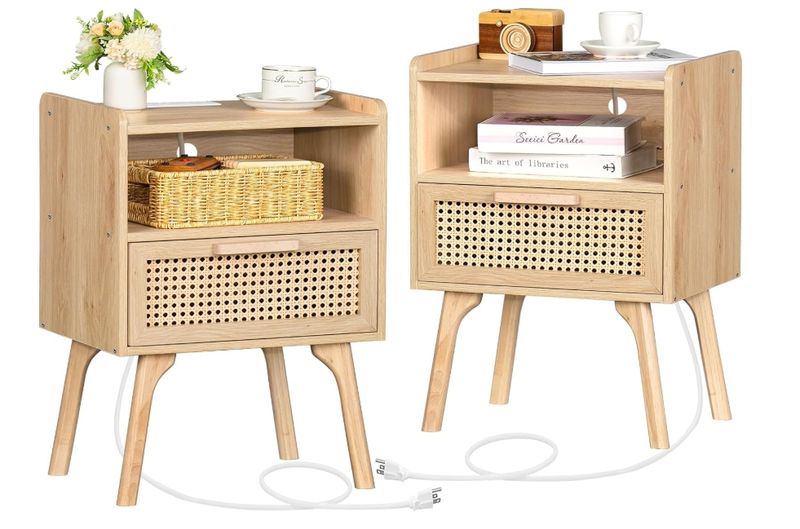 Lerliuo Rattan Nightstands Set of 2 with Charging Station, Boho Side Table Lerliuo Rattan Nightstands Set of 2 with Charging Station, Boho Side Table