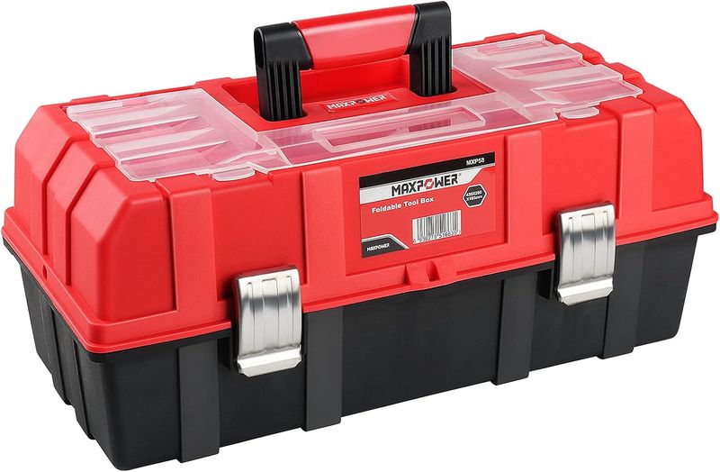 MAXPOWER 16-Inch Tool Box, Three-Layer Folding Plastic Storage Toolbox, Multi-Function Organizer with Tray and Dividers MAXPOWER 16-Inch Tool Box, Three-Layer Folding Plastic Storage Toolbox, Multi-Function Organizer with Tray and Dividers