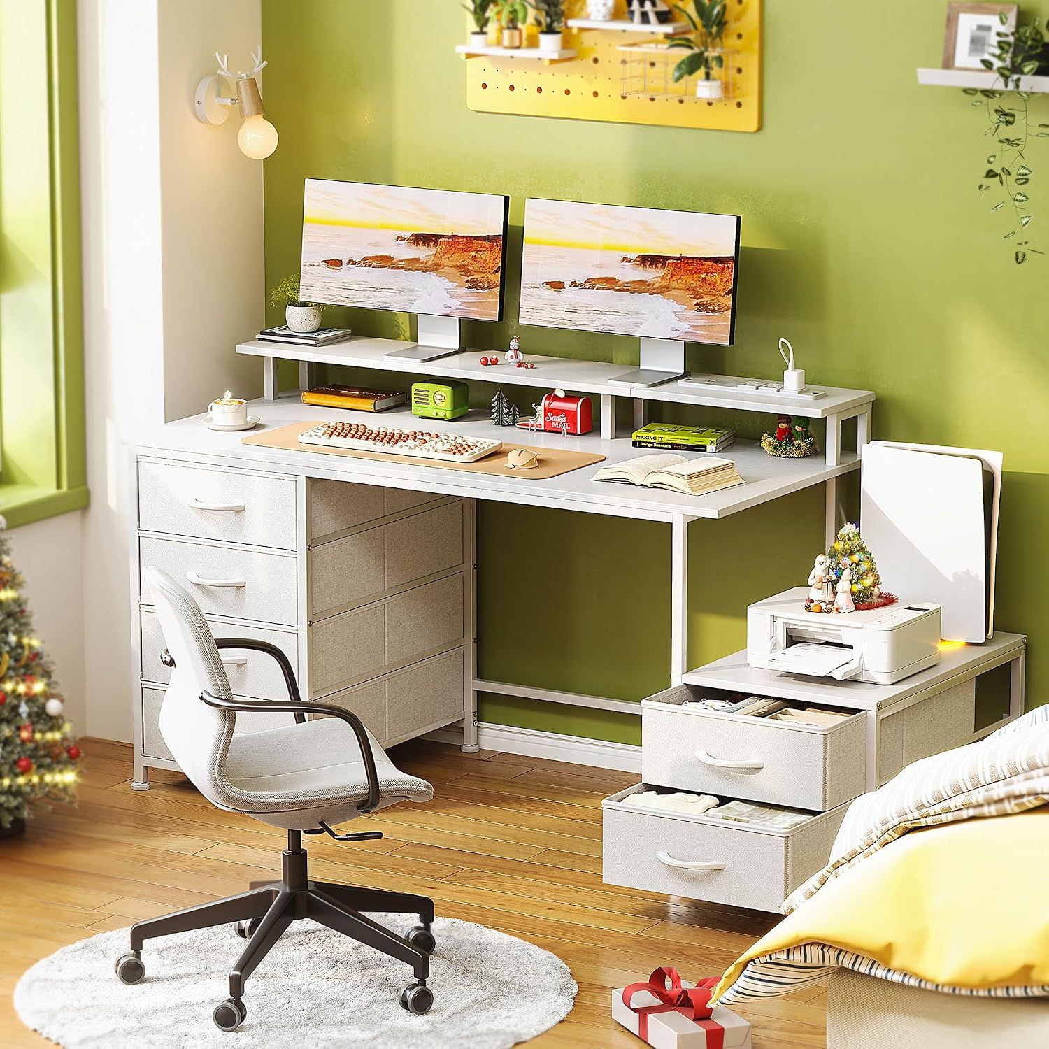 Flrrtenv Computer Desk with 6 Fabric Drawers, 50Inch Gaming Desk with Power Outlets & Fabric File Cabinet Flrrtenv Computer Desk with 6 Fabric Drawers, 50Inch Gaming Desk with Power Outlets & Fabric File Cabinet
