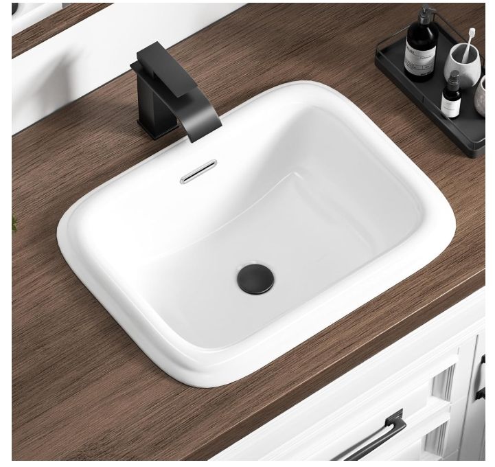 19 Inch Drop in Bathroom Vessel Sink with Overflow Rectangle White