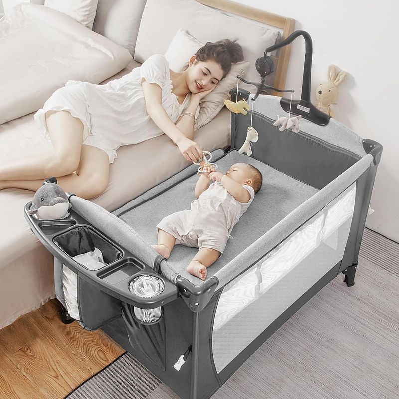 5-in-1 Pack and Play,Baby Bassinet Bedside Sleeper,Grey