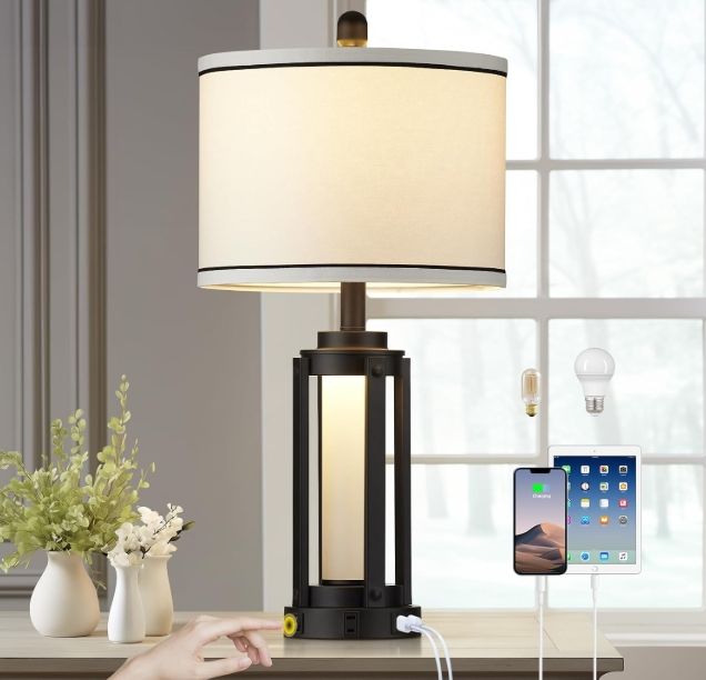 Modern Table Lamp with USB A+C Charging Ports &amp; AC Outlet