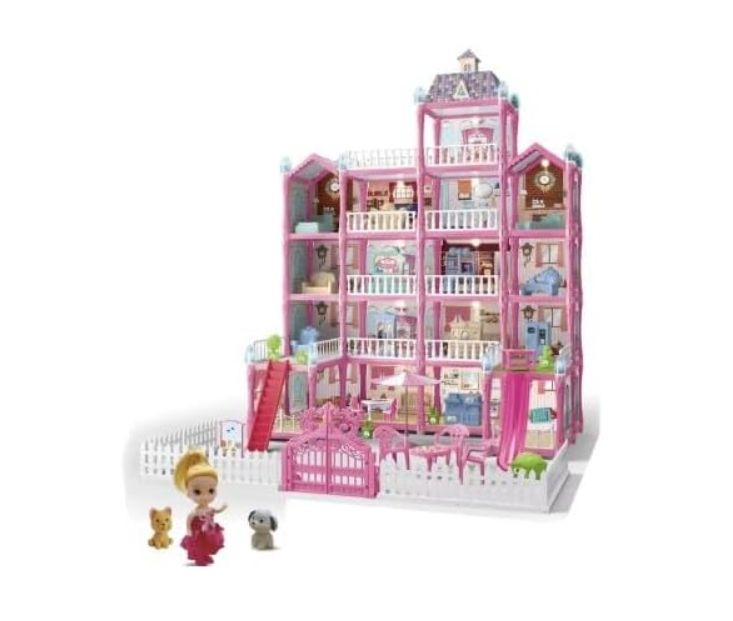 Expees 379-Piece Luminous DIY Villa Dollhouse, Pink Plastic Large Kids Play House Expees 379-Piece Luminous DIY Villa Dollhouse, Pink Plastic Large Kids Play House