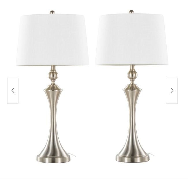 30" Contemporary Metal Table Lamp in Brushed Nickel with White Textured Slub Linen Shade