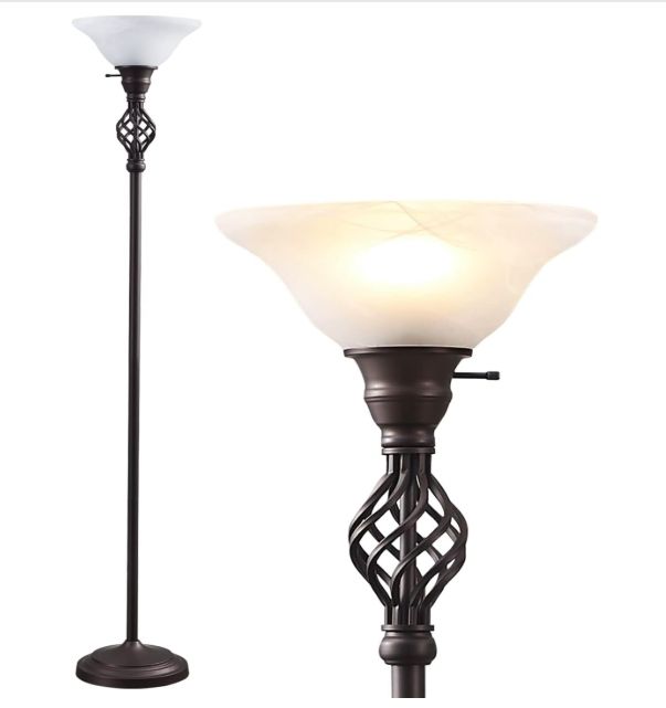 GyroVu Modern Torchiere Floor Lamp with White Swirl Glass Shade