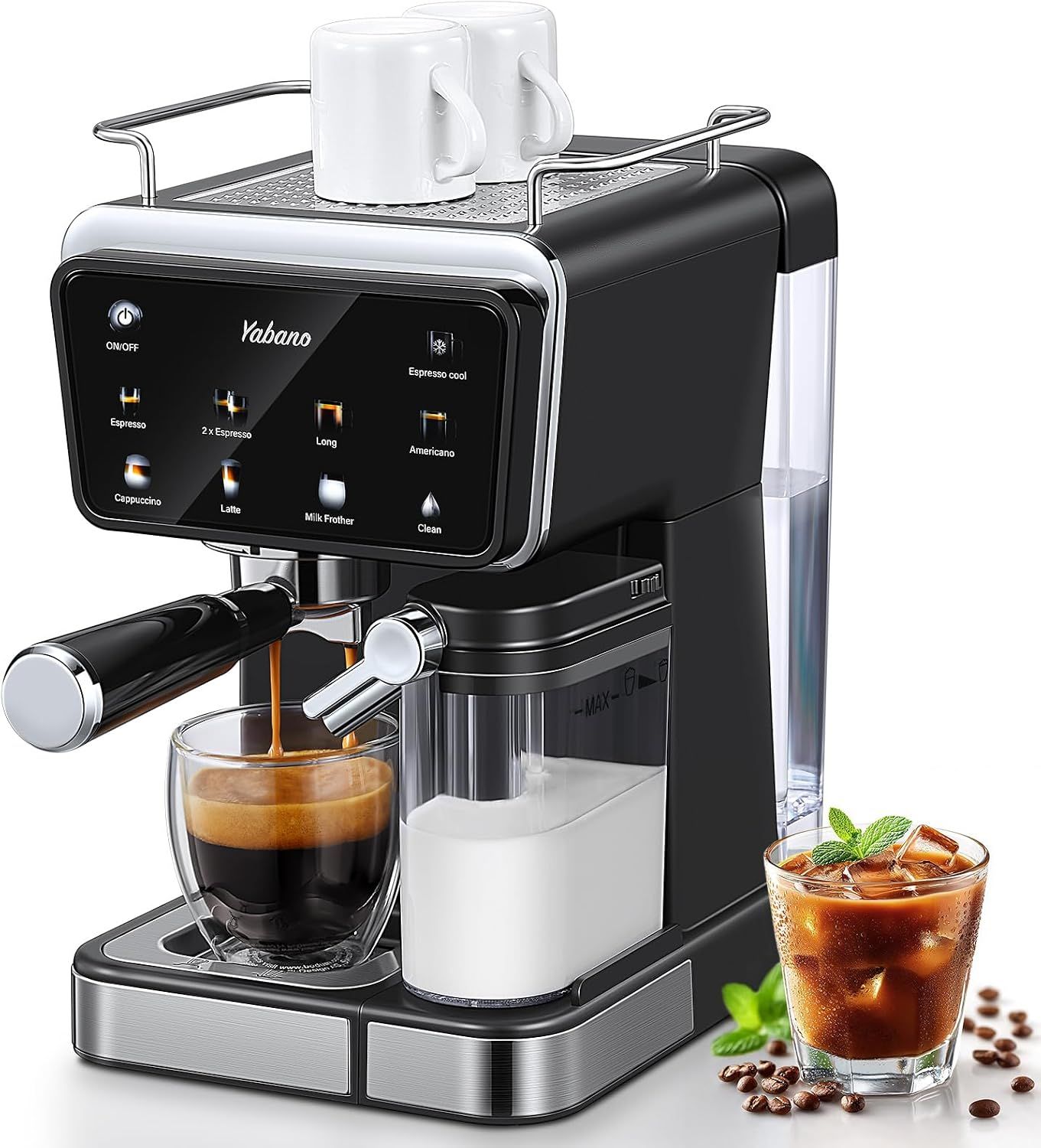 Yabano Espresso Machine with LED Touch Screen, 20 Bar Pressure & Automatic Milk Frother, 1.5L Water Tank, for Cappuccino, Americano & Latte, 1350W Yabano Espresso Machine with LED Touch Screen, 20 Bar Pressure & Automatic Milk Frother, 1.5L Water Tank, for Cappuccino, Americano & Latte, 1350W