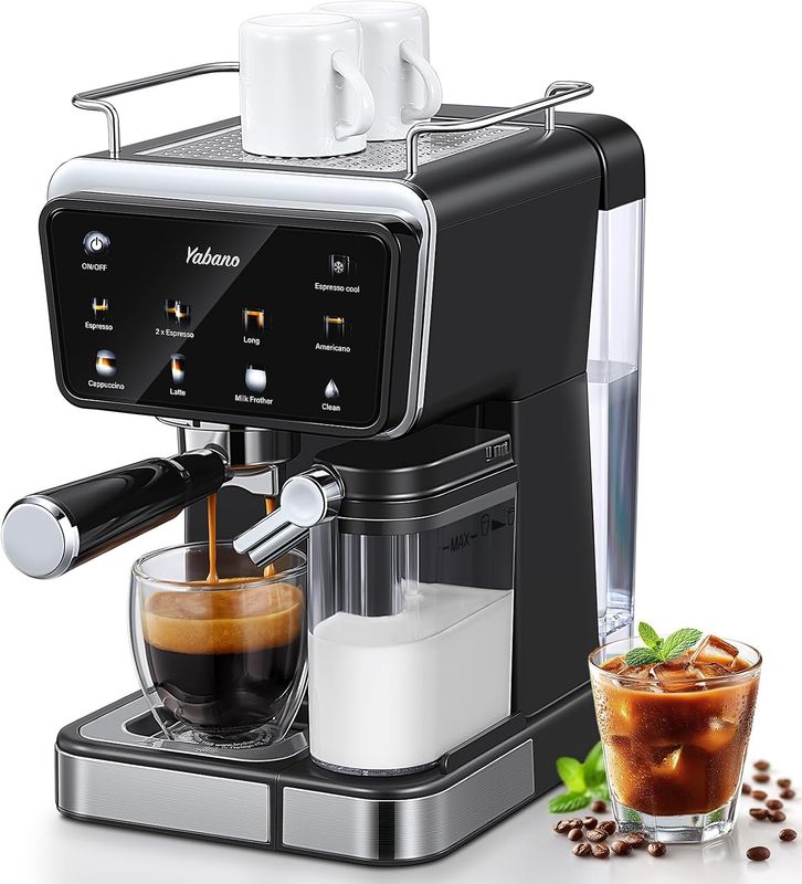 Yabano Espresso Machine with LED Touch Screen, 20 Bar Pressure &amp; Automatic Milk Frother, 1.5L Water Tank, for Cappuccino, Americano &amp; Latte, 1350W