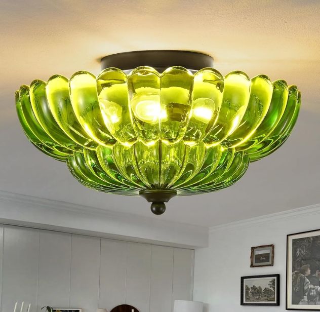 Semi Flush Mount Ceiling Light, Green Glass Ceiling Light Fixture