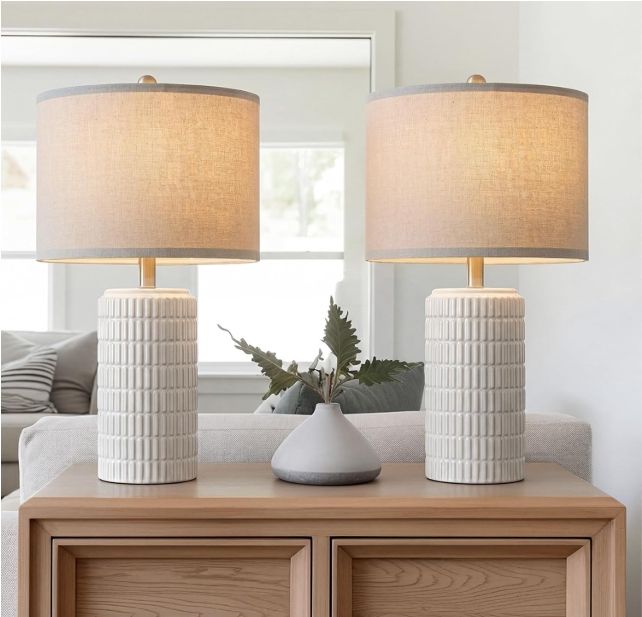 22" Modern Ceramic Table Lamp Set of 2 for Living Room White Desk Lamps