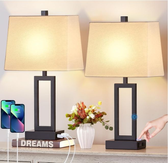 Touch Control Table Lamps Set of 2, Bedside Lamp with 2 USB Ports & AC Outlet Touch Control Table Lamps Set of 2, Bedside Lamp with 2 USB Ports & AC Outlet