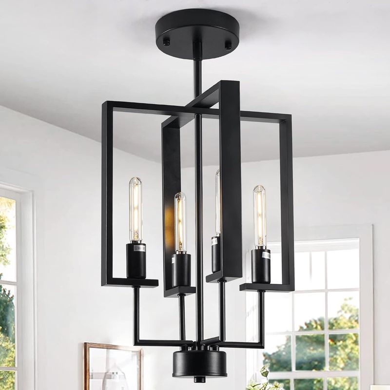 4 Light Black Chandelier, Industrial Ceiling Pendant Light Fixtures with Rustic Metal Farmhouse Adjustable Height Lantern Hanging