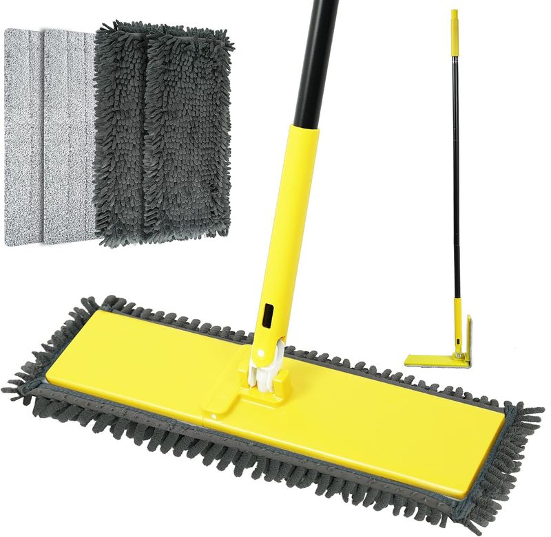 NEWE Dust Mop with Unique 90° Foldable Panel, 52 inches Long Handle Wet Dry Flat Floor Duster Broom with 2 Microfiber and 2 Chenille Pads NEWE Dust Mop with Unique 90° Foldable Panel, 52 inches Long Handle Wet Dry Flat Floor Duster Broom with 2 Microfiber and 2 Chenille Pads