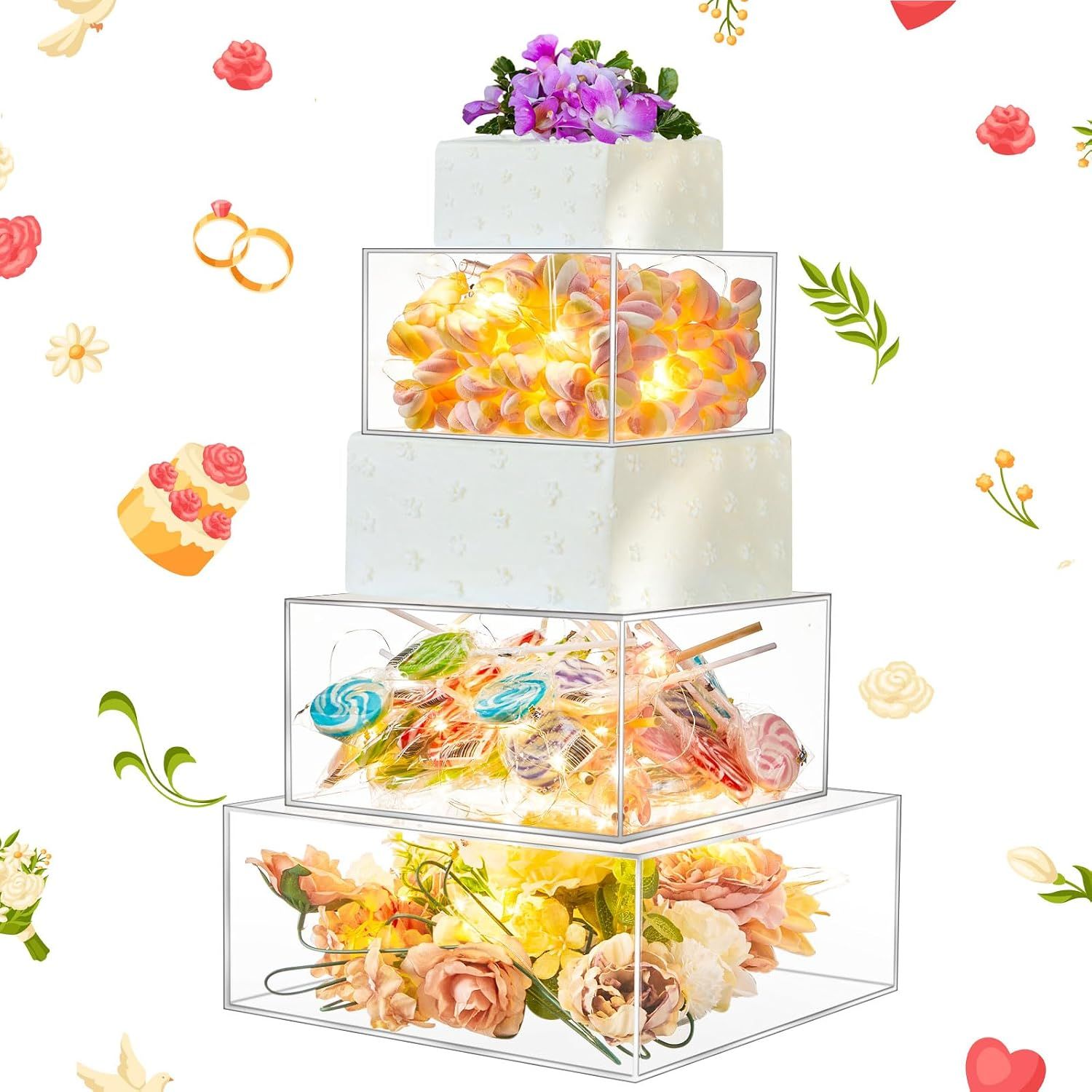 3 Pcs Square Acrylic Cake Stand 3 Tiers Clear Fillable Cake Riser with LED String Light Cupcake Stand 3 Pcs Square Acrylic Cake Stand 3 Tiers Clear Fillable Cake Riser with LED String Light Cupcake Stand