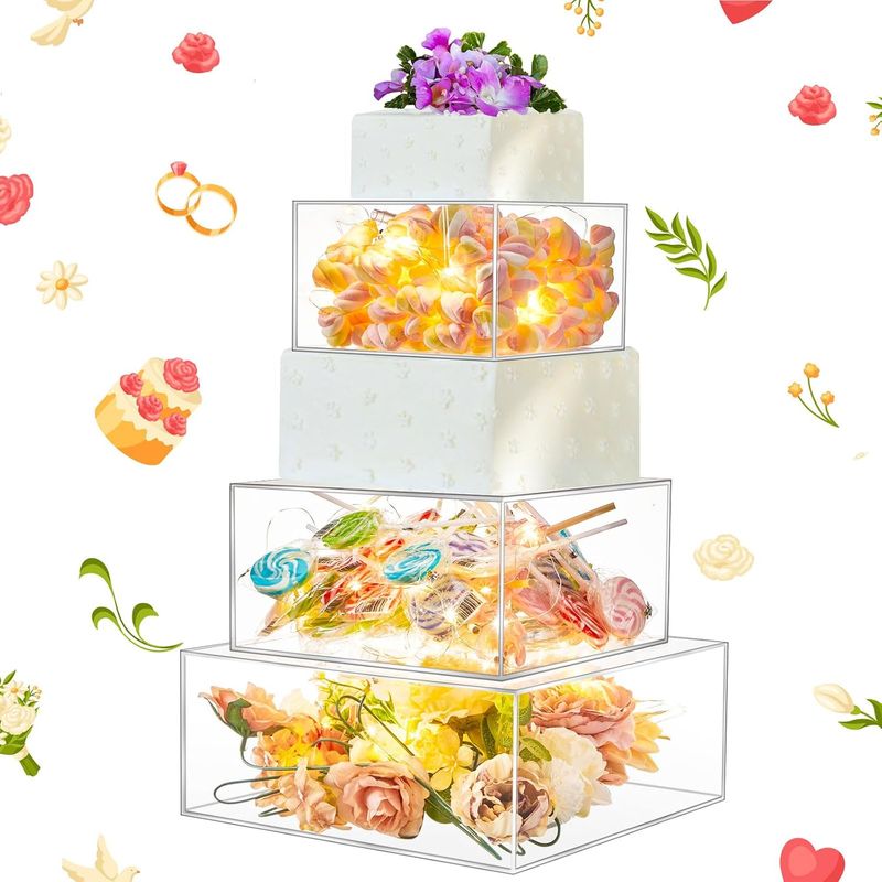 3 Pcs Square Acrylic Cake Stand 3 Tiers Clear Fillable Cake Riser with LED String Light Cupcake Stand