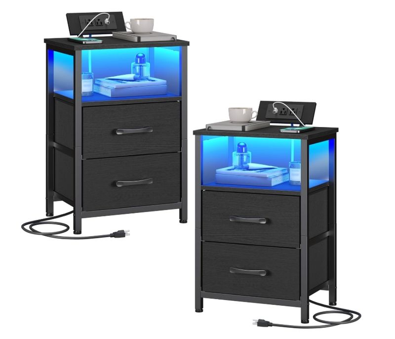 HOOBRO Set of 2 Nightstand with Charging Station, Bedside Table with LED Lights HOOBRO Set of 2 Nightstand with Charging Station, Bedside Table with LED Lights