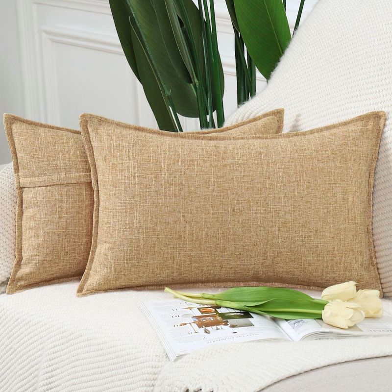 MADIZZ Set of 2 Flanged Faux Linen Throw Pillow Covers 12x20 Inch Beige MADIZZ Set of 2 Flanged Faux Linen Throw Pillow Covers 12x20 Inch Beige