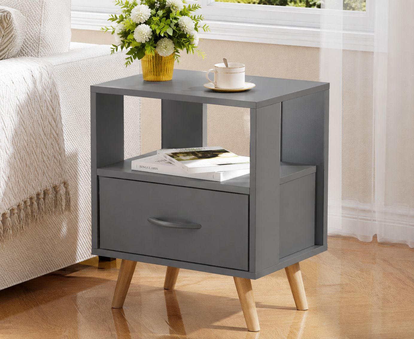 Grey Night Stand, Black Nightstand with Drawer, Side Table with Open Storage