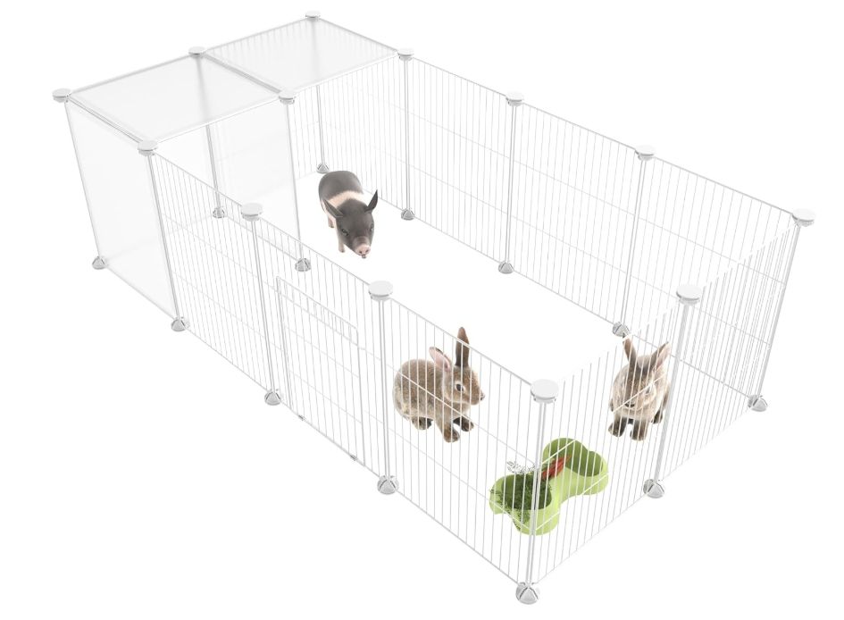 Pet Playpen, Small Animal Cage DIY Wire Fence with Door 15 Panels, White Pet Playpen, Small Animal Cage DIY Wire Fence with Door 15 Panels, White