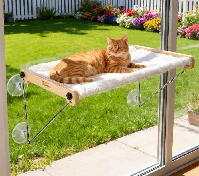 Honeyguaridan Cat Hammock, Cat Window Bed with 3 Strong Suction Cups (Missing 1 Suction cup)