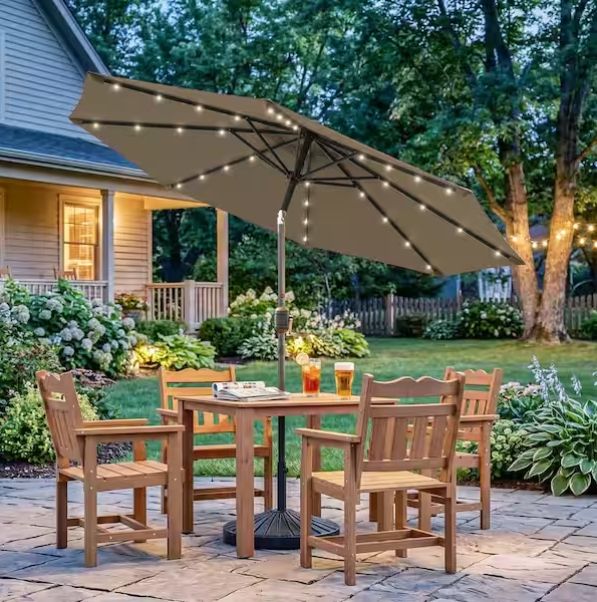 9 ft. Solar Lighted LED Outdoor Patio Market Table Umbrella in Taupe 9 ft. Solar Lighted LED Outdoor Patio Market Table Umbrella in Taupe