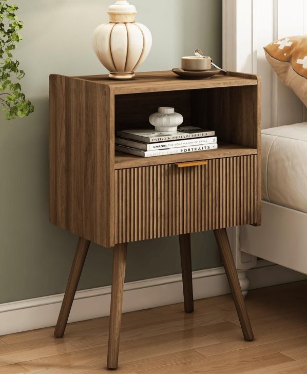 JOONEE Nightstand,Modern Bedside Table with Storage Drawer and Open Wood Shelf