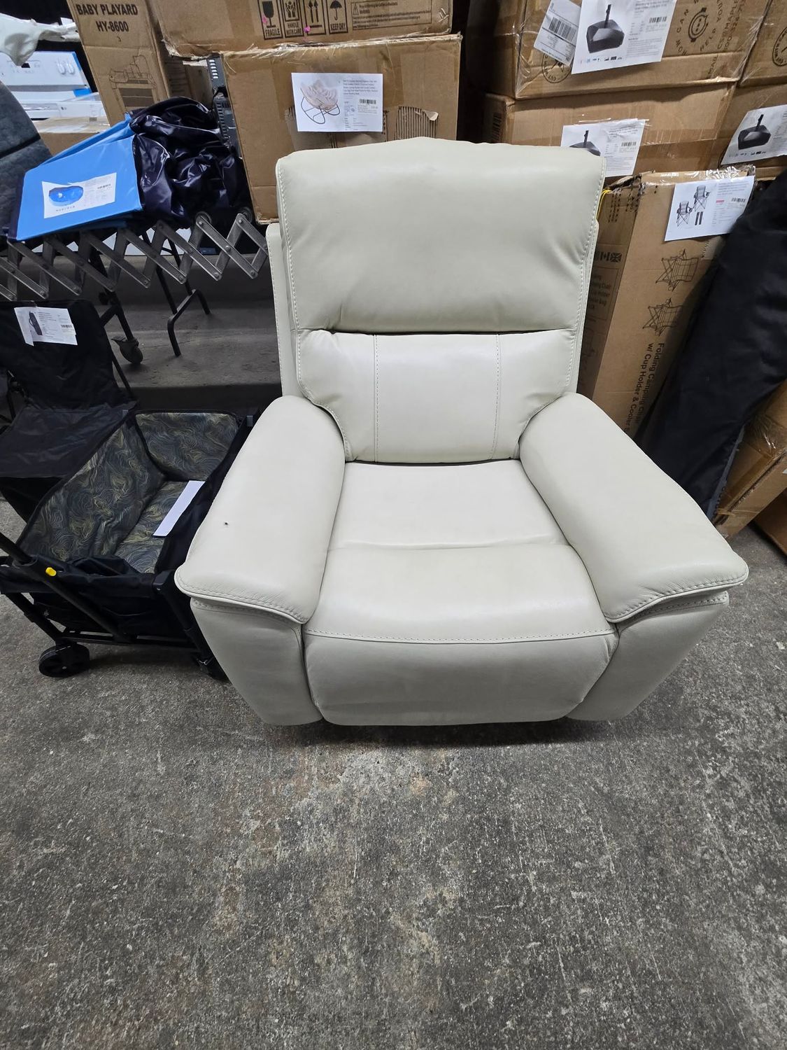 BarcaLounger Top-Grain Leather Power Rocker Recliner with Power Headrest – Cream BarcaLounger Top-Grain Leather Power Rocker Recliner with Power Headrest – Cream