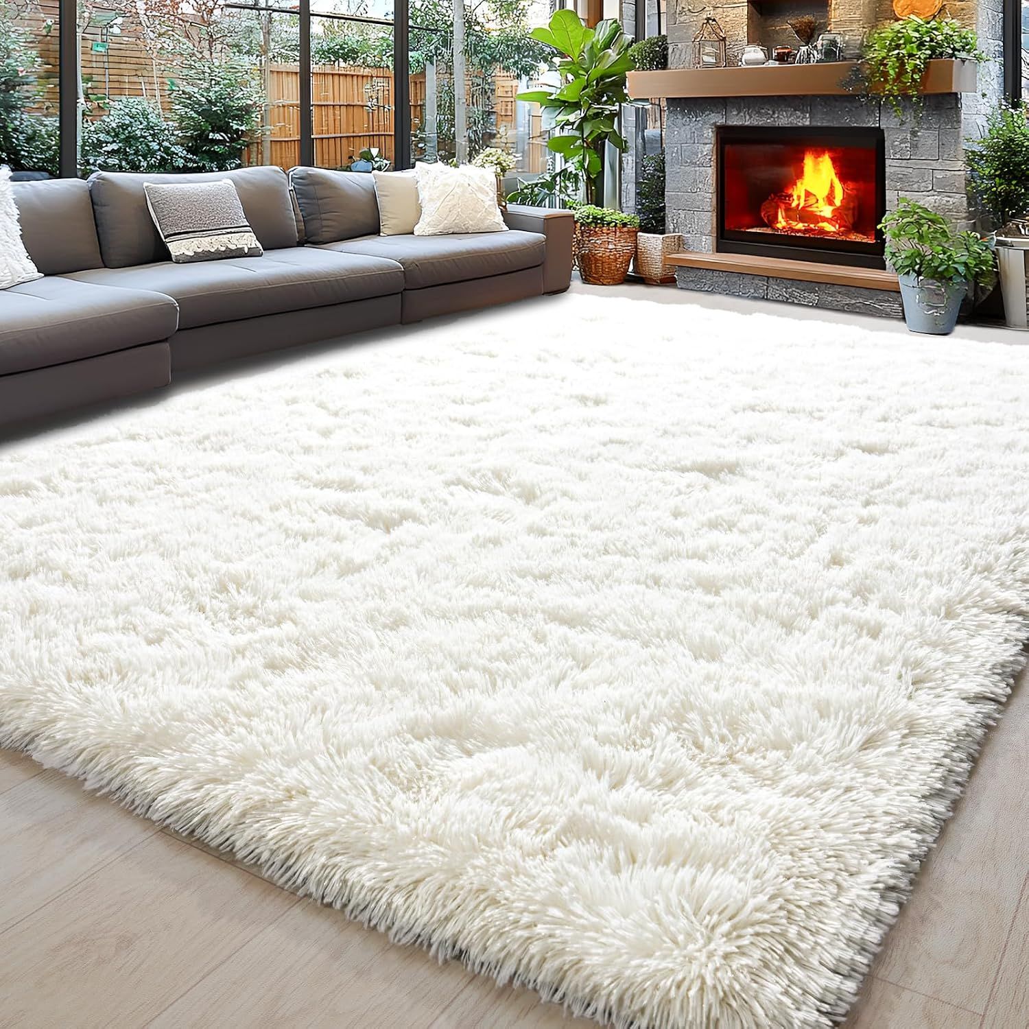IVORY Sour Lemon 8x10 Area Rugs for Bedroom, Living Room Fluffy Rug, Large Area Rug Shag Shaggy Carpet Soft Plush Furry Bedside Rugs, Machine Washable Area Rugs for Kids Girls Boys Home Decor Anti Sli