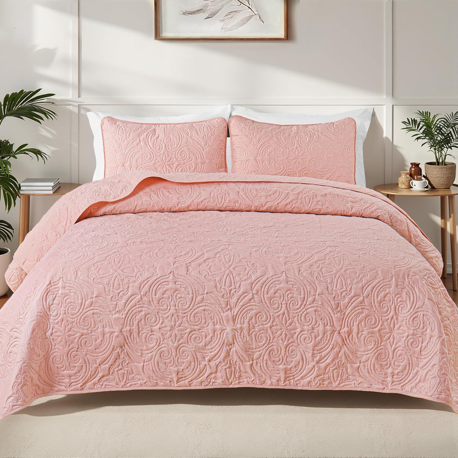 Exclusivo Mezcla 3 Piece Quilts Queen Size Bedding Set, Blush Pink Lightweight Bedspread, Soft Microfiber, Vintage Damask Pattern, All Season Bed Coverlet with 2 Pillow Shams, 90x96 Inch Exclusivo Mezcla 3 Piece Quilts Queen Size Bedding Set, Blush Pink Lightweight Bedspread, Soft Microfiber, Vintage Damask Pattern, All Season Bed Coverlet with 2 Pillow Shams, 90x96 Inch