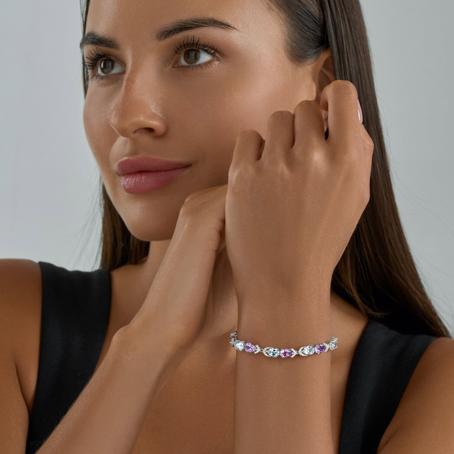 Sterling Silver Bracelet with Mixed Gemstones and Amethyst