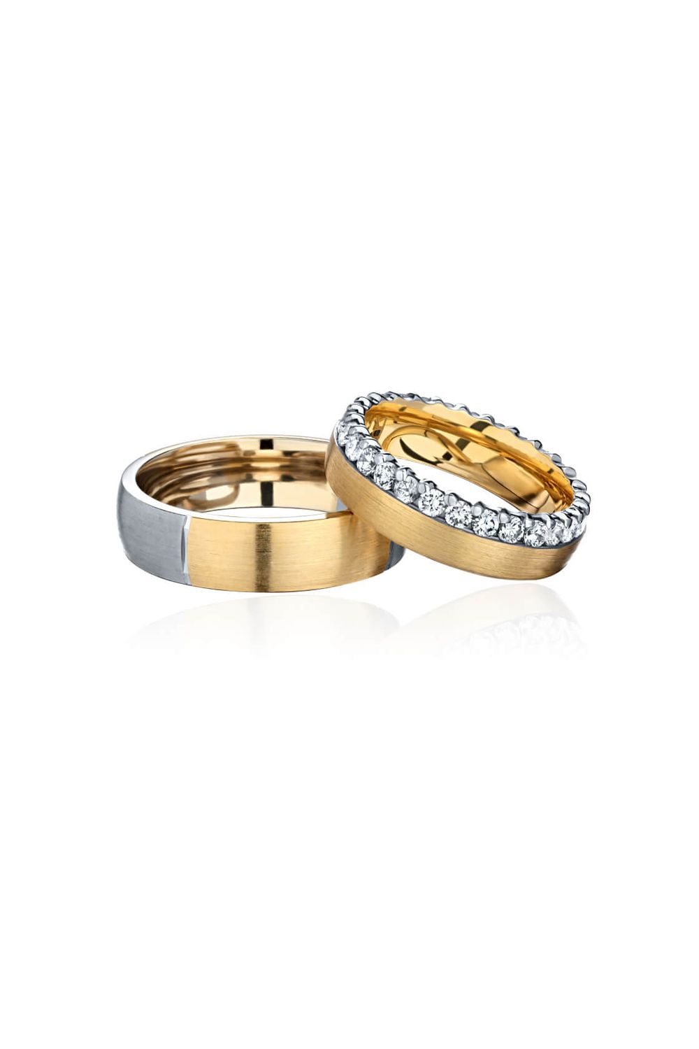 Pair of Wedding Bands with Diamonds in White and Yellow Gold