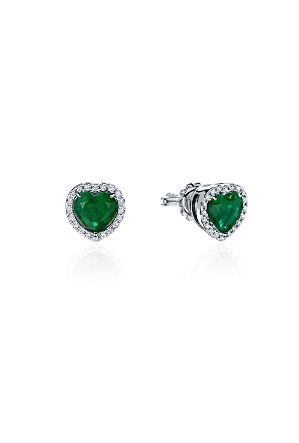Heart-Shaped Emerald and Diamond Earrings in White Gold
