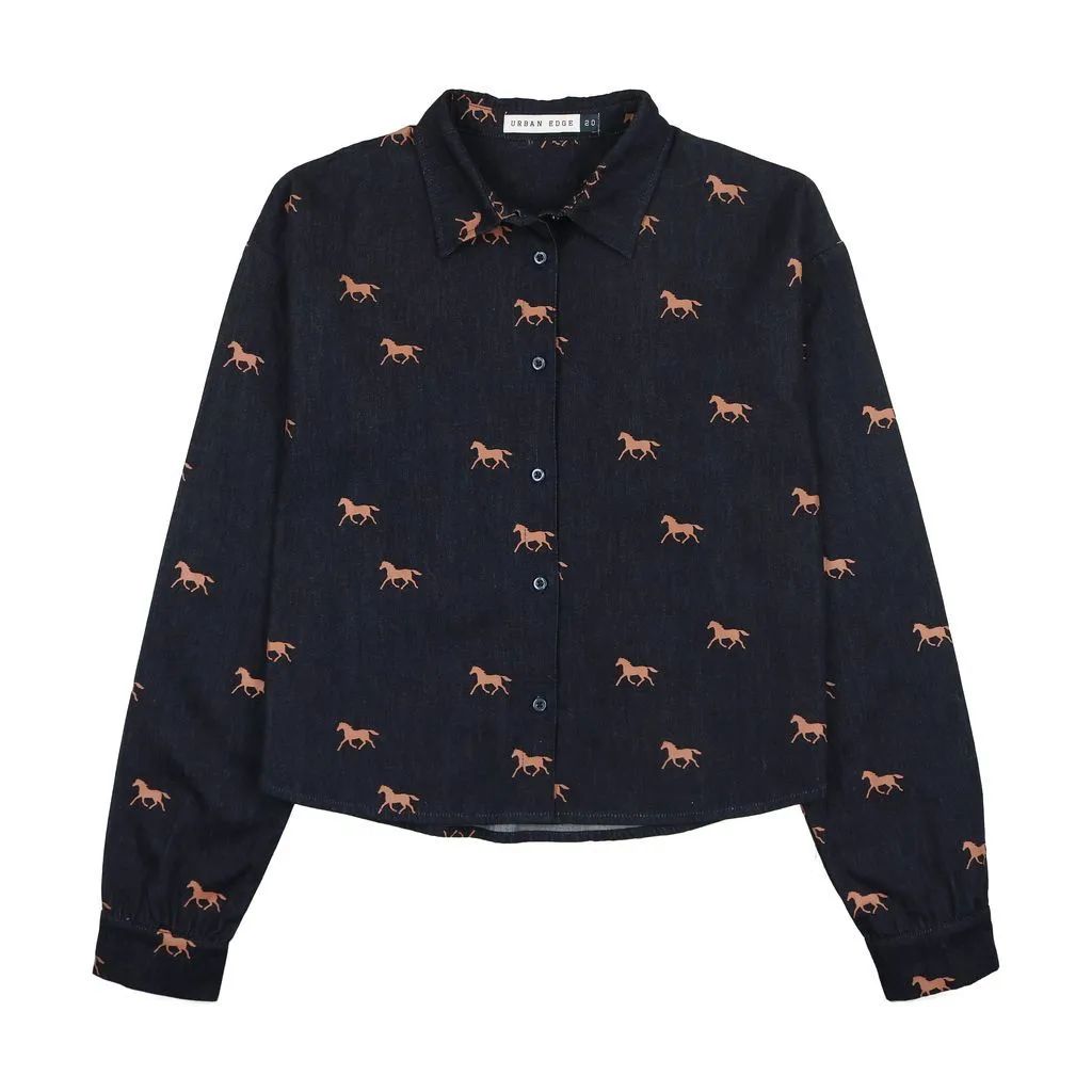 UE1801 Urban Edge Denim Horse Print Shirt