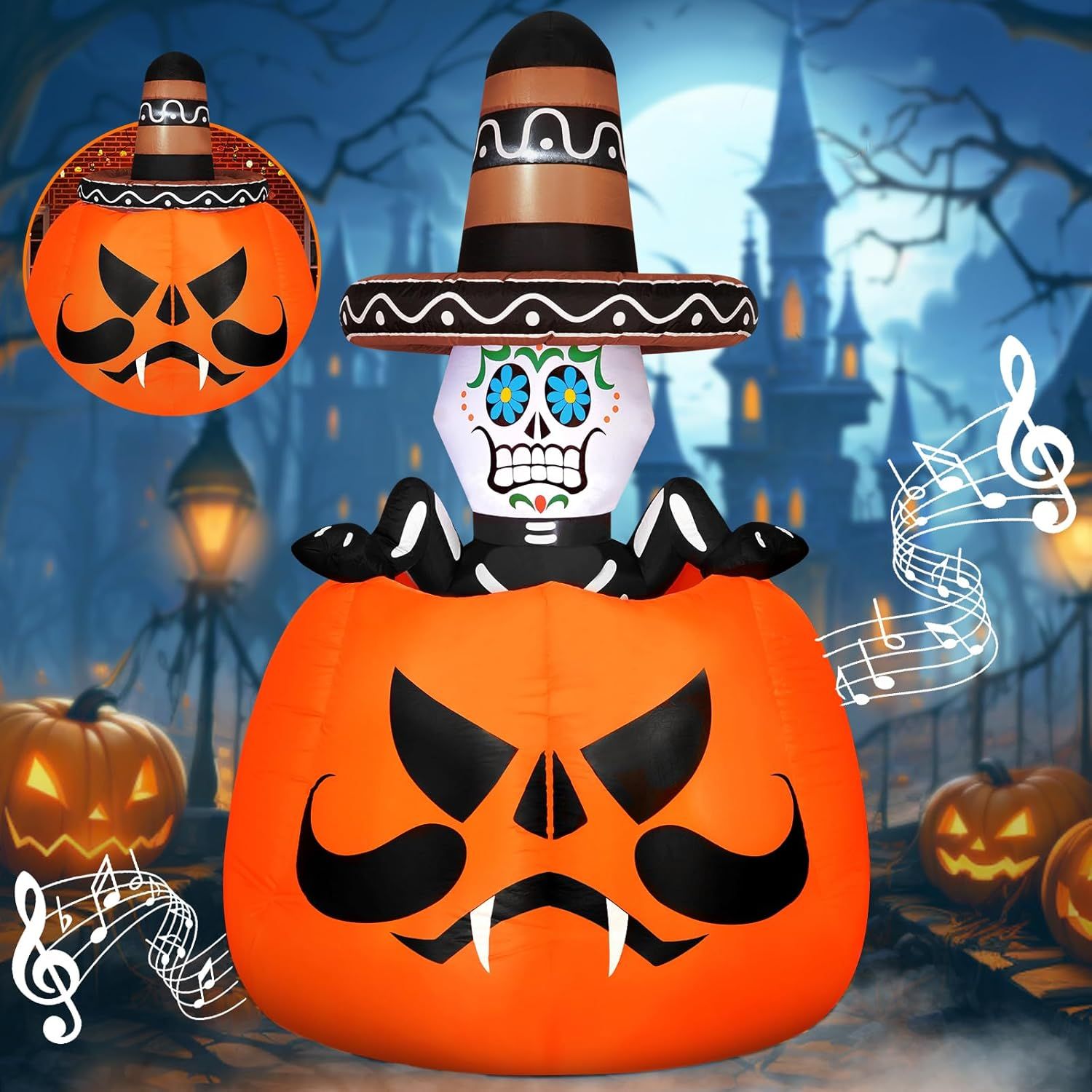 Calavera Mariachi Inflable de Halloween JOYIN con LED AutoInflable 1.5 mts