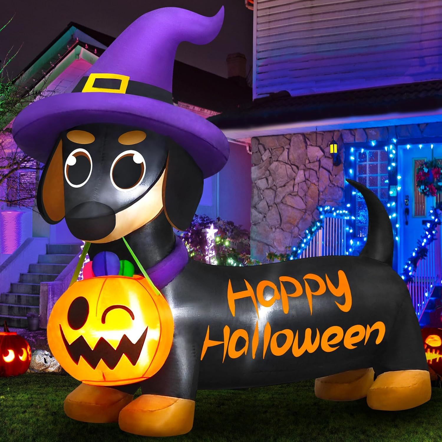 Letrero Perro Salchicha Inflable de Halloween JOYIN con LED AutoInflable 1.5 mts