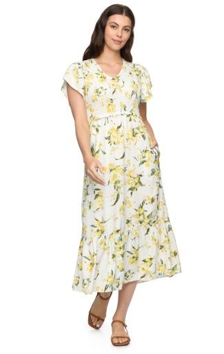 LUCY SMOCKED TOP FLORAL PRINT DRESS, Size: L
