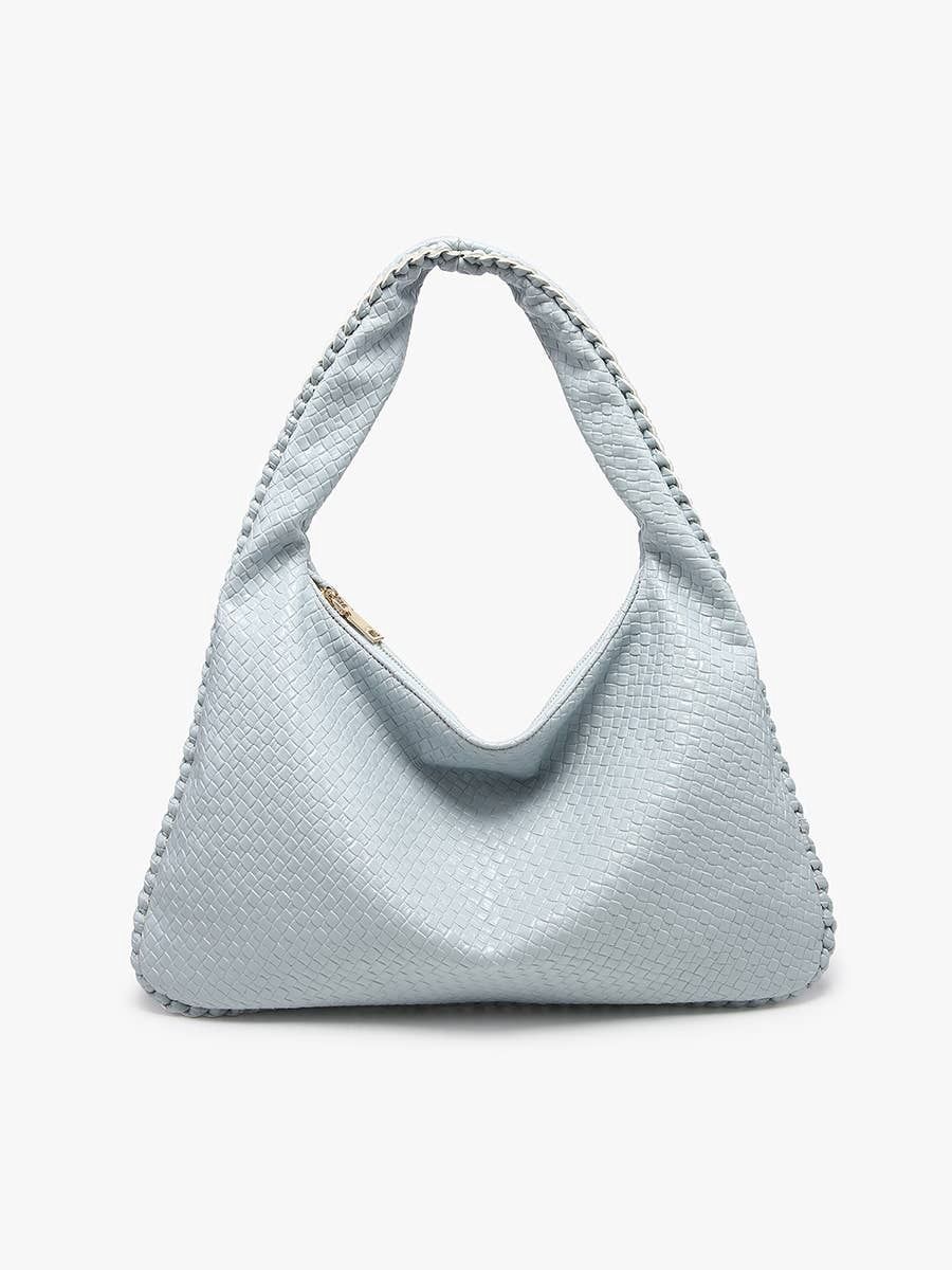 Kehlani Faux Woven Hobo Bag w/ Braided Detail Trim, COLOR: Grey-Blue