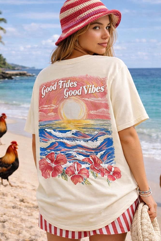 Good Tides Front/Back Puff-Print Butter Yellow Tee, COLOR: FRENCH VANILLA, Fit: OVERSIZED, Size: ML