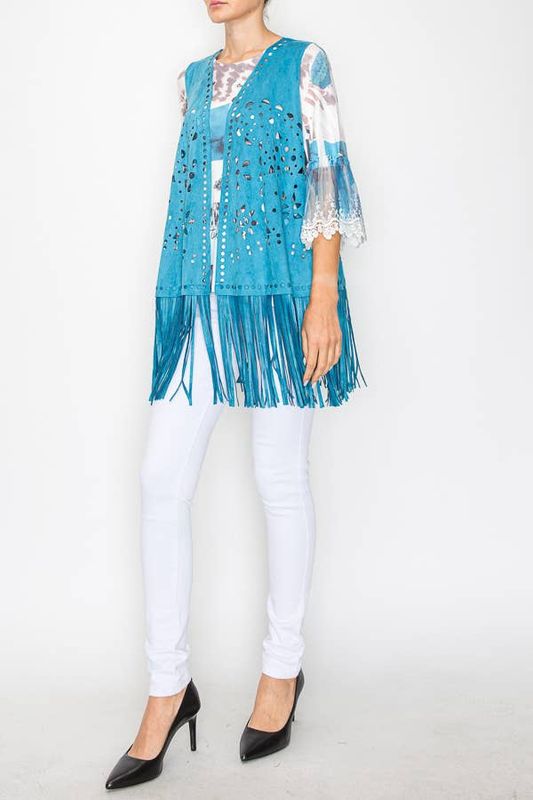 Laser Cut Fringe Faux Suede Vest