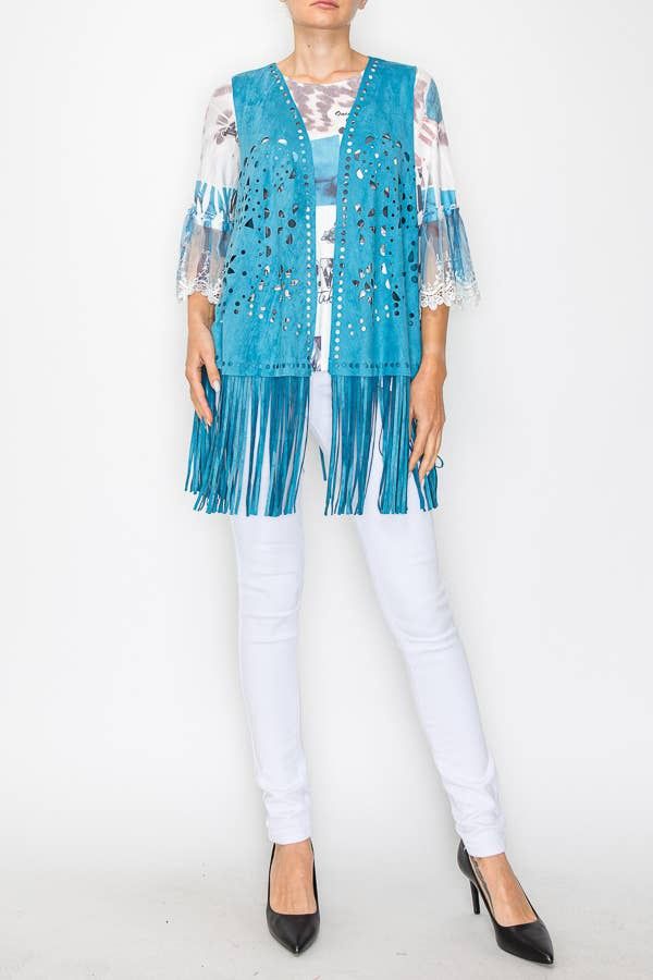 Laser Cut Fringe Faux Suede Vest, COLOR: TEAL, Size: M