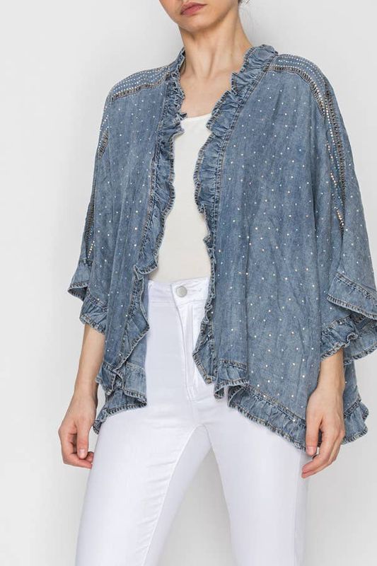 Ruffle-Trim Crystal Kimono Denim Jacket