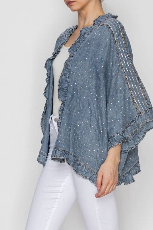Ruffle-Trim Crystal Kimono Denim Jacket