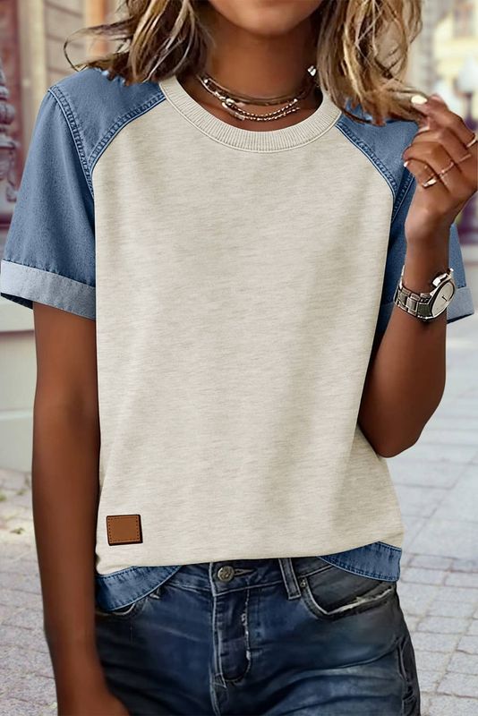 Denim Color Block Patchwork Round Neck Tee
