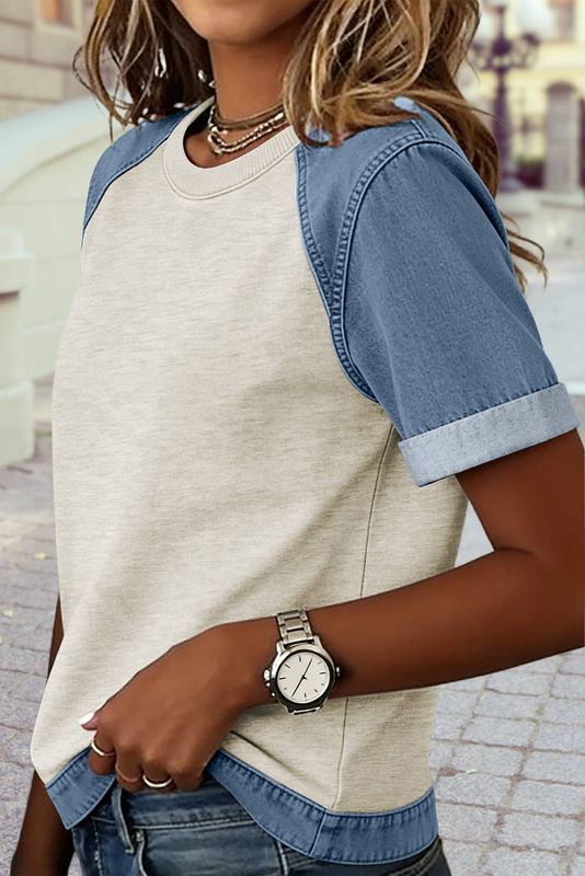 Denim Color Block Patchwork Round Neck Tee