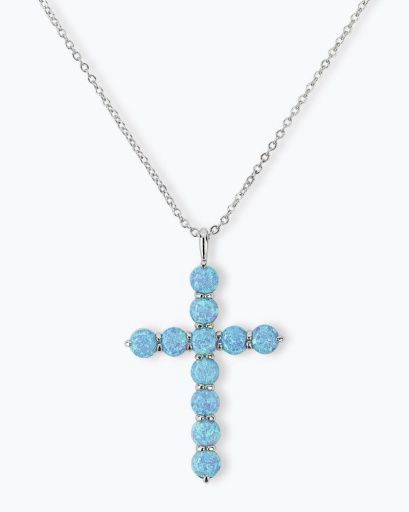 Oh She Fancy Blue Opal Cross Pendant 18'