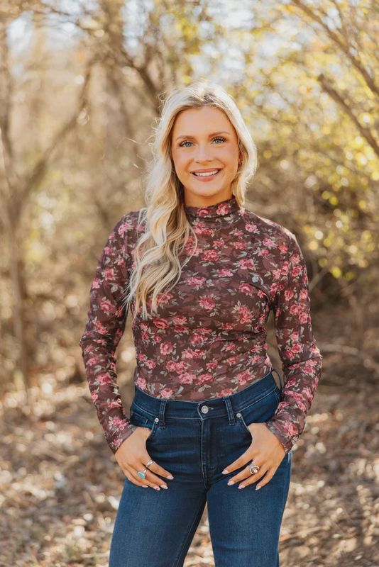 MOCK NECK MESH FLORAL TOP