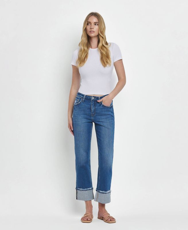HIGH RISE CUFFED STRAIGHT JEANS T6600