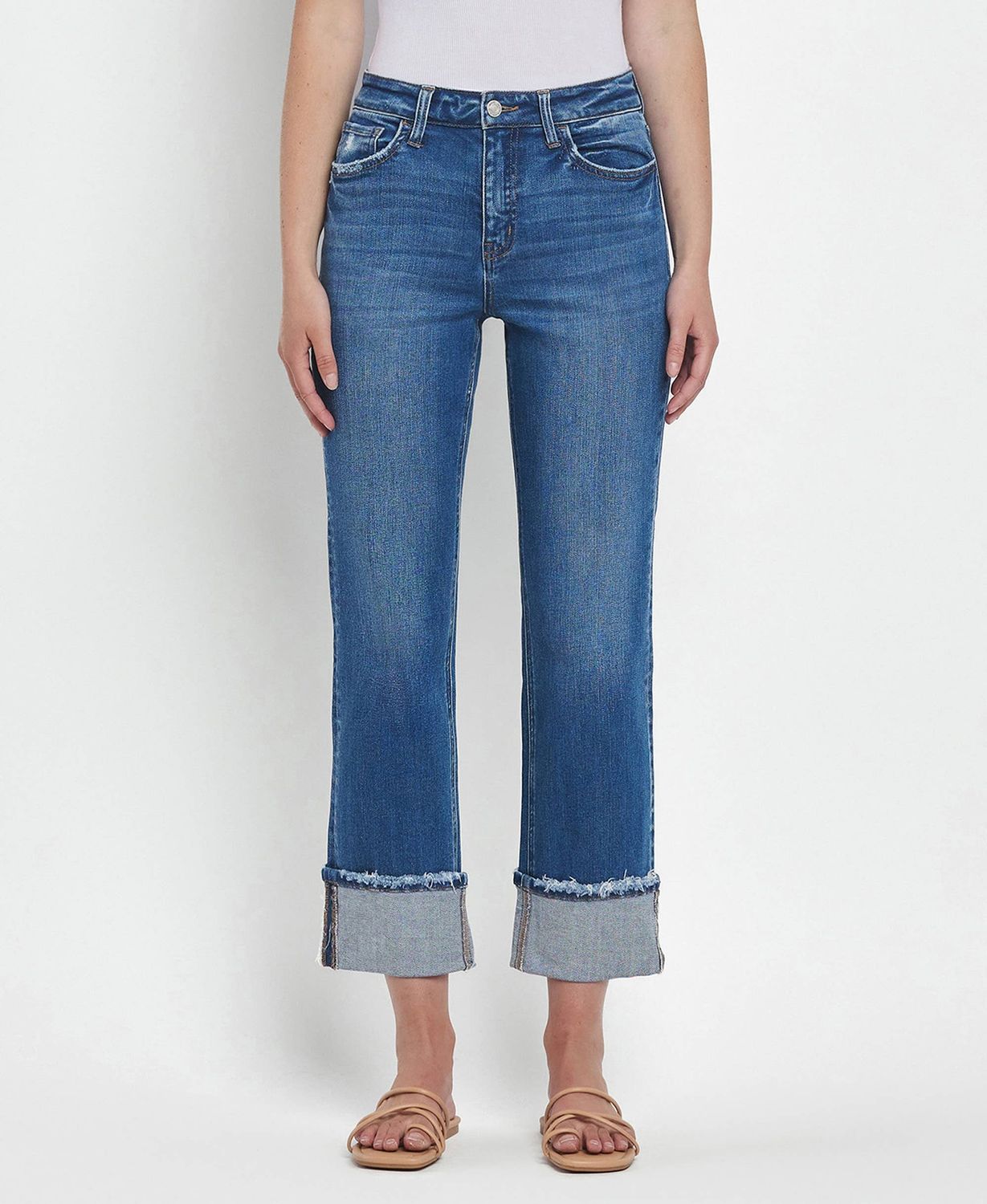 HIGH RISE CUFFED STRAIGHT JEANS T6600, COLOR: DAPHNE, Size: 25