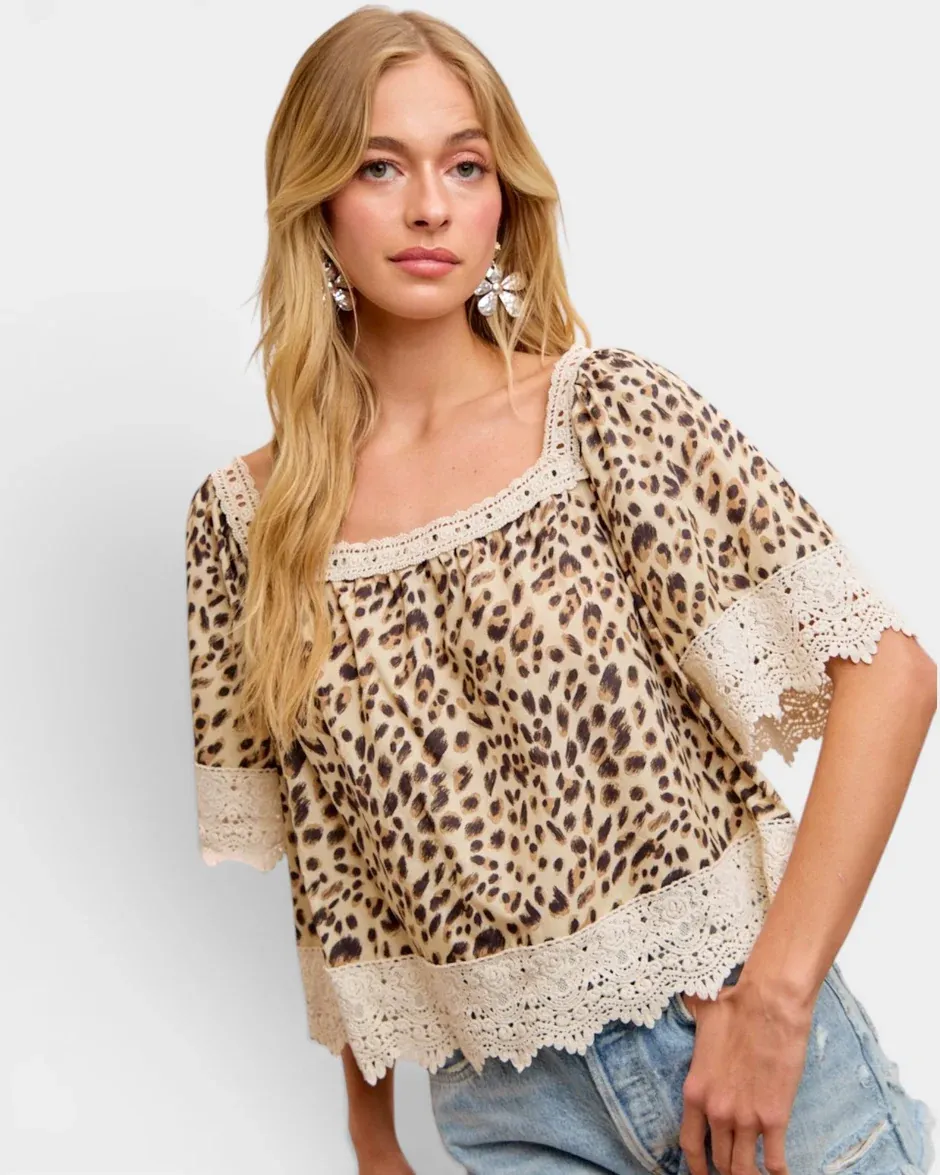 BiBi Leopard Lace Mix and Match Square Neckline Top